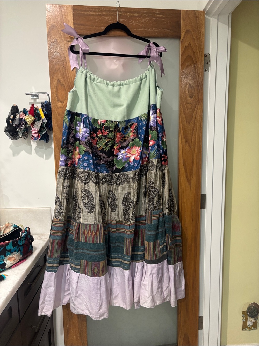 Bohemian Patchwork Maxi Dress in Mint and Lavender